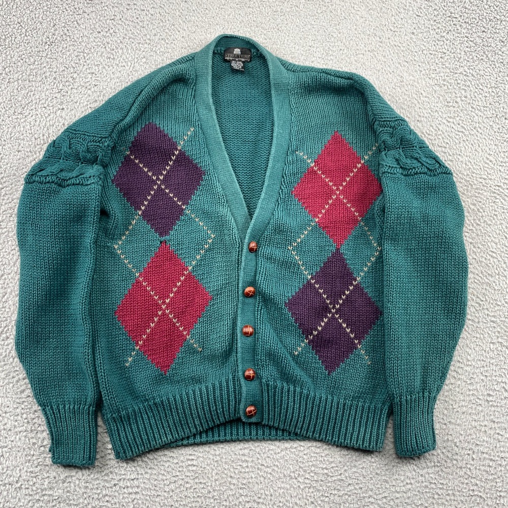 Structure Cardigan Mens XL Green Argyle Vintage Cable Knit Ramie Cotton Sweater